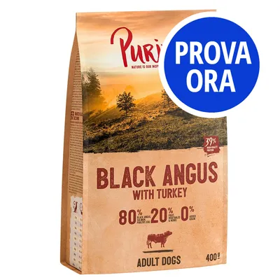 Purizon Black Angus with Turkey per cani adulti, 400 g. 80% carne Black Angus, salmone, uova; 20% frutta/verdura/erbe; 0% cereali aggiunti. Testo cerchio blu: PROVA ORA. Purizon Black Angus with Turkey per cani adulti, 400 g. 80% carne Black Angus, salmone, uova; 20% frutta/verdura/erbe; 0% cereali aggiunti. Testo cerchio blu: PROVA ORA.