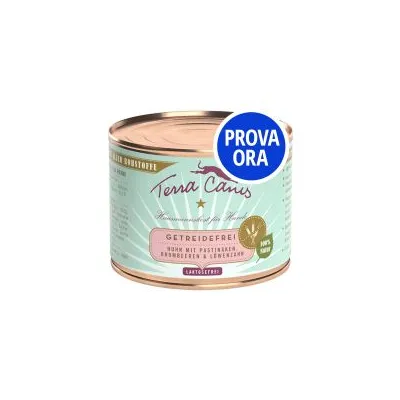 Terra Canis GETREIDEFREI! Huhn mit Pastinaken, Brombeeren & Löwenzahn. Etichetta con scritta PROVA ORA su sfondo blu.