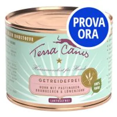 Terra Canis GETREIDEFREI! Huhn mit Pastinaken, Brombeeren & Löwenzahn. Etichetta con scritta PROVA ORA su sfondo blu.