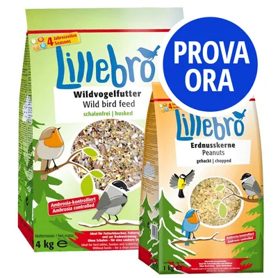 Due confezioni Lillebro: mangime per uccelli selvatici 4 kg e arachidi tritate 1 kg. Testo visibile: 'PROVA ORA', 'Ambrosia kontrolliert', informazioni in tedesco e inglese.