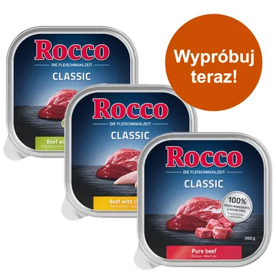 Trzy opakowania Rocco Classic: Pure beef, Beef with chicken, Beef with green tripe. Widoczny napis „Wypróbuj teraz!” oraz etykieta 100% fresh ingredients & grain-free na jednym opakowaniu.