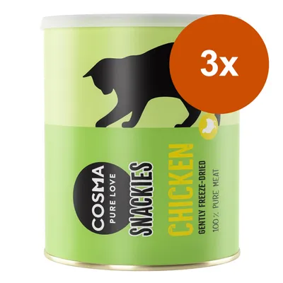 Cosma Pure Love Snacks Chicken, gefriergetrocknet, 100% reines Fleisch. Verpackung zeigt schwarze Katzensilhouette auf grünem Hintergrund. Hinweis: 3x Packung.