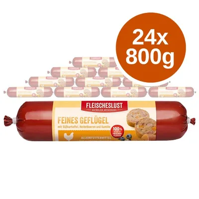 Fleischeslust Feines Geflügel, 24x800g. Text na obalu: mit Süßkartoffel, Heidelbeeren und Kamille, 100% frisch an Fleisch, Alleinfuttermittel.