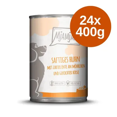 Mjamjam Saftiges Huhn kutyakonzerv, 24×400g. Felirat: Mit zarter Ente an Möhrchen und gekochter Hirse, Ohne Gluten, Viel Fleisch.