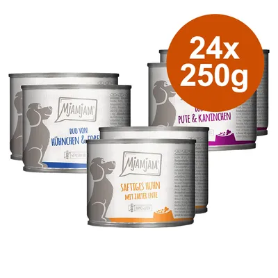 Mjamjam konzervirana hrana za pse, različne vrste. Paket vsebuje 24 pločevink po 250 g. Vidno besedilo v nemščini: Saftiges Huhn mit zarter Ente, Duo von Hühnchen & Forelle.