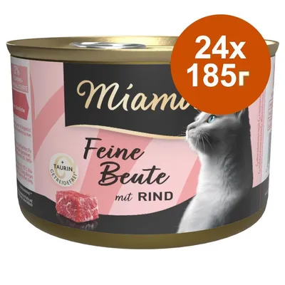 Консерва за котки Miamor Feine Beute mit Rind, 24×185 г. Видими надписи: +Taurin, Getreidefrei. Етикет на немски език, изображение на котка и парче месо.