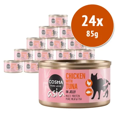 24 lattine da 85 g Cosma Asia Chicken with Tuna in Jelly, carne e pesce puro, confezione multipla visibile con etichetta rosa e silhouette di gatto.