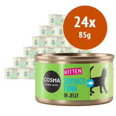 24x85g Cosma Pure Love Kitten Skipjack Tuna in Jelly, confezione di lattine per gatti visibile con etichetta verde e scritte in inglese.