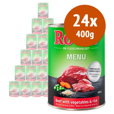 Rocco Menu, confezione 24x400g, manzo con verdure e riso. Testo visibile: 'Enriched with carbohydrates', 'Beef with vegetables & rice'. Immagine di lattine con carne, piselli, carote e riso.
