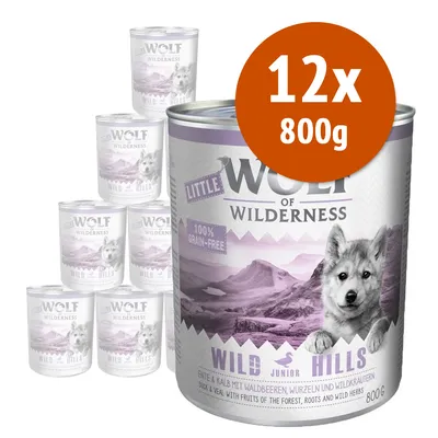 Wolf of Wilderness Little Wild Hills Junior, 12 lattine da 800 g, 100% grain-free. Testo visibile: anatra e vitello con frutti di bosco, radici ed erbe selvatiche. Wolf of Wilderness Little Wild Hills Junior, 12 lattine da 800 g, 100% grain-free. Testo visibile: anatra e vitello con frutti di bosco, radici ed erbe selvatiche.
