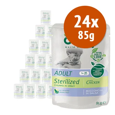 Oasy Adult Sterilized bocconcini in salsa con pollo, 24 confezioni da 85 g ciascuna. Testo visibile: Natural Quality Love, con carne fresca, vie urinarie, 1+ anni.