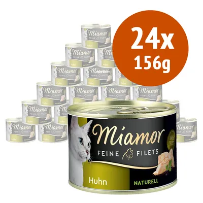 24 lattine da 156 g di Miamor Feine Filets Huhn Naturell, immagine della confezione con filetto di pollo e gatto sul fronte.