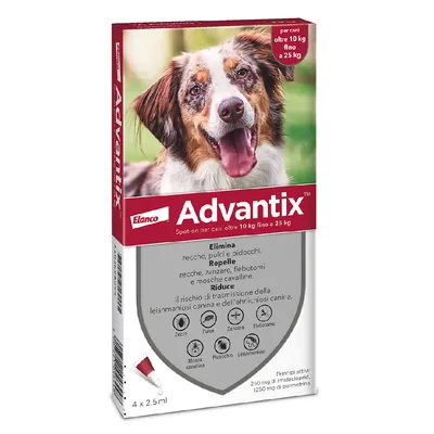 Confezione Elanco Advantix spot-on per cani oltre 10 kg fino a 25 kg. Elimina zecche, pulci e pidocchi. Repelle zecche, zanzare, flebotomi, mosche cavalline. 4 x 2,5 ml.