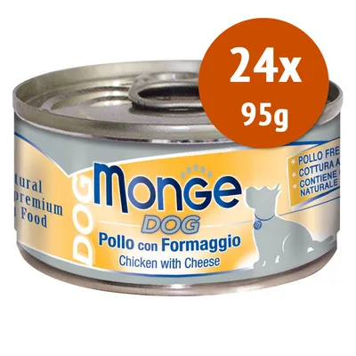 Monge DOG Pollo con Formaggio, 24x95g. Testo visibile: pollo fresco, cottura a vapore, contiene ingredienti naturali. Etichetta anche in inglese: Chicken with Cheese.