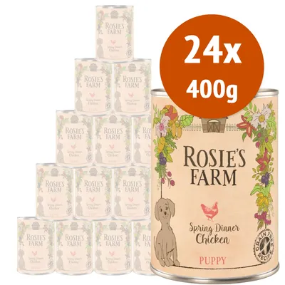24 lattine da 400 g ciascuna di ROSIE'S FARM Spring Dinner Chicken Puppy, visibile confezione con disegno cane e pollo, scritta 'Grain Free Recipe'. 24 lattine da 400 g ciascuna di ROSIE'S FARM Spring Dinner Chicken Puppy, visibile confezione con disegno cane e pollo, scritta 'Grain Free Recipe'.