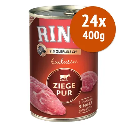 Rinti Singlefleisch Exclusive Ziege Pur, confezione da 24x400g. Testo visibile: 1 Protein Single, getreidefrei.