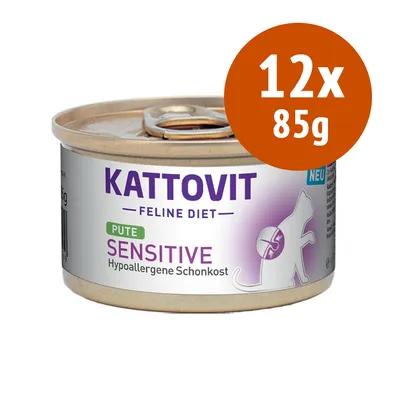 Kattovit Feline Diet Pute Sensitive Hypoallergene Schonkost, confezione da 12x85g. Lattina con etichetta e silhouette di gatto.