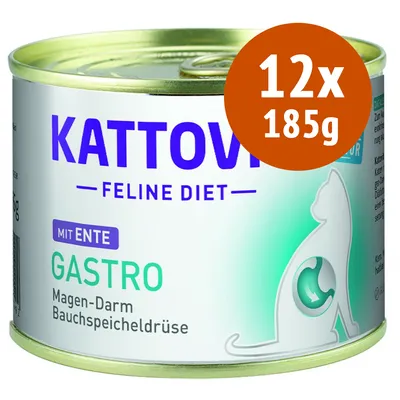 Kattovit Feline Diet mit Ente Gastro, Magen-Darm Bauchspeicheldrüse, confezione 12x185g. Testo in tedesco sull'etichetta.