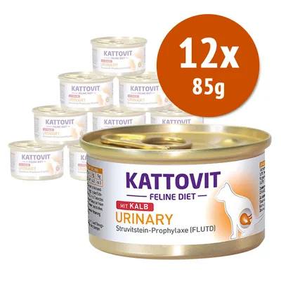 12 lattine da 85 g di Kattovit Feline Diet Urinary mit Kalb, Struvitstein-Prophylaxe (FLUTD) visibili sulla confezione.