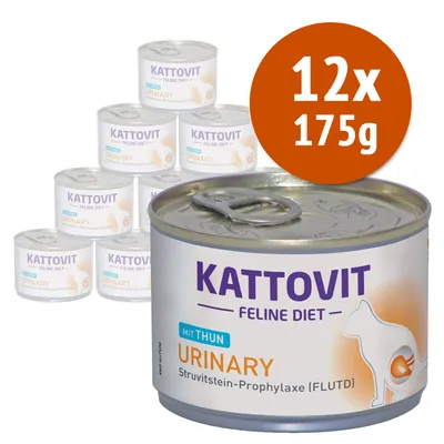 12 lattine da 175 g di Kattovit Feline Diet Urinary mit Thun, Struvitstein-Prophylaxe (FLUTD) visibili sulla confezione.