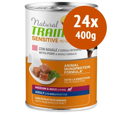Conservă Natural Trainer Sensitive cu porc și cereale integrale, formulă monoproteică animală, pentru câini adulți de talie medie și mare, 24x400g. Text în italiană și engleză vizibil.