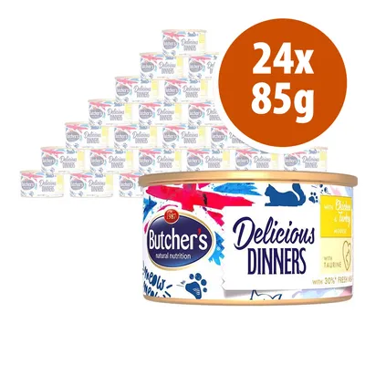 24 lattine da 85 g ciascuna di Butcher's Delicious Dinners, visibile testo: 'with Chicken & Turkey mousse', 'with Taurine', '30% fresh meat', marchio Butcher's natural nutrition.
