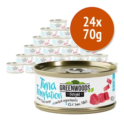 24 lattine da 70 g di Greenwoods Delight Tuna Temptation, ricetta senza cereali, ingredienti limitati, 75% filetto di tonno. Testo visibile in inglese sull'etichetta.