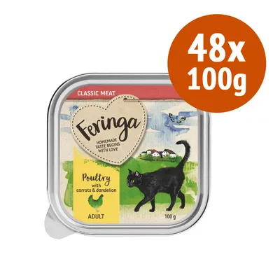 Feringa Classic Meat, Poultry with carrots & dandelion, ADULT, confezione da 48 x 100 g. Testo in inglese sull'etichetta: Homemade taste begins with love.