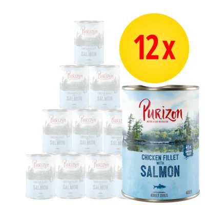 Purizon Chicken Fillet with Salmon, 12×400g konzerv pro dospělé psy. Na etiketě: 45 % chicken fillet, adult dogs.