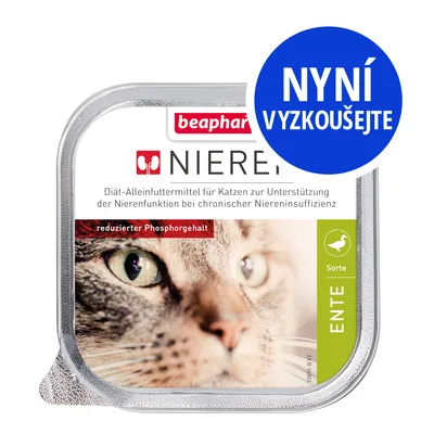 beaphar NIERE, diétní krmivo pro kočky s chronickou nedostatečností ledvin, snížený obsah fosforu, příchuť kachna, nápis NYNÍ VYZKOUŠEJTE beaphar NIERE, diétní krmivo pro kočky s chronickou nedostatečností ledvin, snížený obsah fosforu, příchuť kachna, nápis NYNÍ VYZKOUŠEJTE