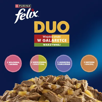 Purina Felix DUO, wiejskie smaki w galaretce warzywnej: z wołowiną i drobiem, wieprzowiną i dziczyzną, jagnięciną i kurczakiem, indykiem i kaczką.