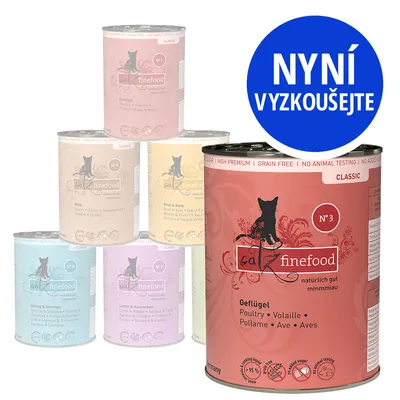 Konzervy catz finefood Classic v různých příchutích, velká konzerva Geflügel N°3 vpředu. Modrý kruh s textem: NYNÍ VYZKOUŠEJTE.