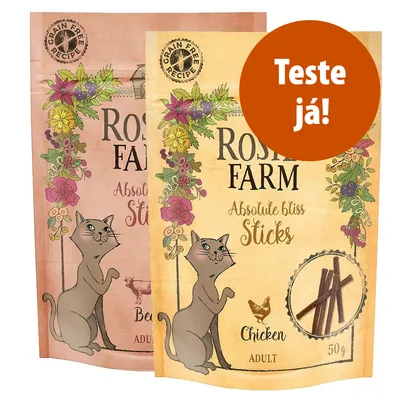 Dois pacotes de snacks para gatos adultos Rosie’s Farm Absolute Bliss Sticks, sabores Beef e Chicken, 50 g. Texto visível: 'Grain Free Recipe', 'Teste já!'. Ilustração de gato e flores.