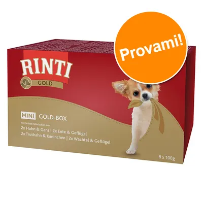 RINTI GOLD MINI GOLD-BOX, 8 x 100 g. Testo visibile: Provami! 2x Huhn & Gans, 2x Ente & Geflügel, 2x Truthahn & Kaninchen, 2x Wachtel & Geflügel.