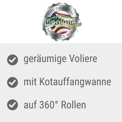 Montana Cages. Geräumige Voliere, mit Kotauffangwanne, auf 360° Rollen.