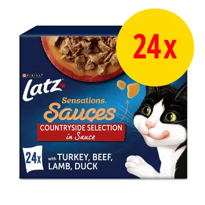 Latz Sensations Sauces Countryside Selection in Sauce, 24x med turkey, beef, lamb, duck. Stor gul cirkel med rød tekst: 24x. Billede af kat og skål med sovs.