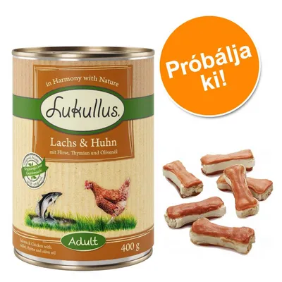 Lukullus Lachs & Huhn 400 g konzerv, lazac és csirke képpel, mellette kutyacsemege falatok. Narancssárga körben: Próbálja ki!