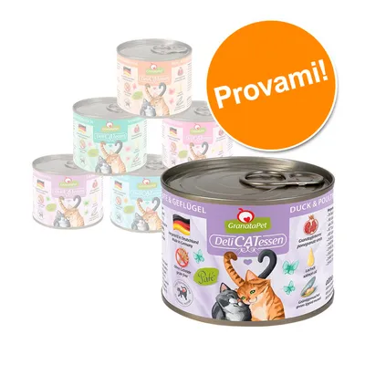 Scatolette GranataPet DeliCATessen per gatti, visibili vari gusti. In evidenza: anatra e pollame, senza cereali, made in Germany, con testo arancione 'Provami!'.