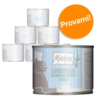 6 lattine MjAMjAM Blanchiertes Kalb mit leckeren Möhrchen an Soße, etichetta in tedesco, bollino arancione con testo 'Provami!'. 6 lattine MjAMjAM Blanchiertes Kalb mit leckeren Möhrchen an Soße, etichetta in tedesco, bollino arancione con testo 'Provami!'.