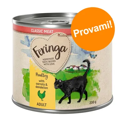 Feringa Classic Meat, Poultry with carrots & dandelion, ADULT, 200 g. Etichetta con gatto nero e scritta arancione: Provami! Testo in inglese.