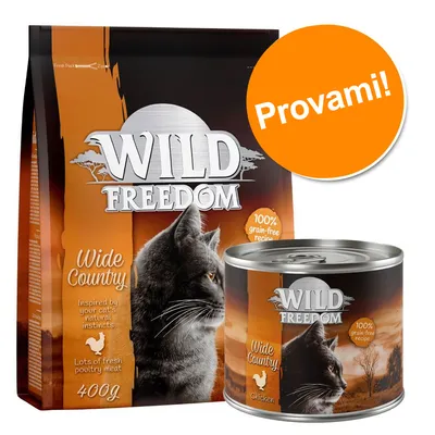 Wild Freedom Wide Country, confezione da 400 g e lattina Chicken. Testo visibile: 100% grain-free recipe, Lots of fresh poultry meat, Provami!