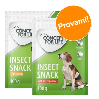 Concept for Life Insect Snack with carrots 100 g, Insect Snack with sweet potatoes 100 g. Scritta arancione: Provami! Testo in inglese: Low allergenic potential, No added grains. Concept for Life Insect Snack with carrots 100 g, Insect Snack with sweet potatoes 100 g. Scritta arancione: Provami! Testo in inglese: Low allergenic potential, No added grains.