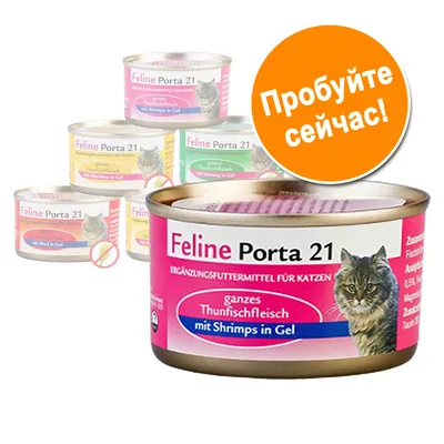 Консервы для кошек Feline Porta 21, видны банки с надписями: ganzes Thunfischfleisch mit Shrimps in Gel, mit Rind in Gel, mit Aloe Vera in Gel, mit Seetang in Gel. Круглая надпись: Попробуйте сейчас!