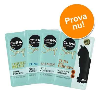 Fyra Cosma Pure Love Soup portionspåsar: Chicken Breast with Pumpkin, Tuna with Carrots, Salmon with Courgettes, Tuna and Chicken with Sweet Potatoes. Orange cirkel med texten 'Prova nu!'.