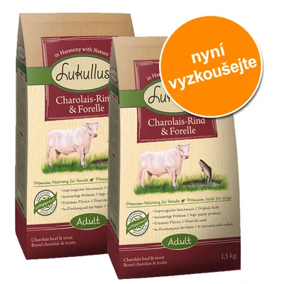 Dvě balení Lukullus Charolais-Rind & Forelle Adult 1,5 kg s obrázkem krávy a ryby, oranžový kruh s textem 'nyní vyzkoušejte' Dvě balení Lukullus Charolais-Rind & Forelle Adult 1,5 kg s obrázkem krávy a ryby, oranžový kruh s textem 'nyní vyzkoušejte'