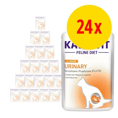 Kattovit Feline Diet Urinary mit Huhn, 24x. Struvitstein-Prophylaxe (FLUTD), moderater Magnesiumgehalt, harnsäuernd. Pakke med 24 portioner kattefoder synligt.