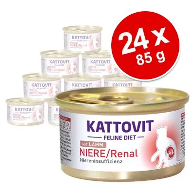 Kattovit Feline Diet NIERE/Renal mit Lamm, 24 x 85 g burkar. Text: Niereninsuffizienz. Bild på flera konservburkar med synlig etikett.