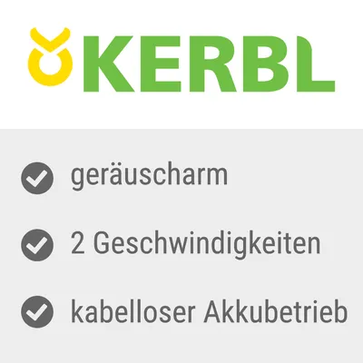 Kerbl. Geräuscharm, 2 Geschwindigkeiten, kabelloser Akkubetrieb.