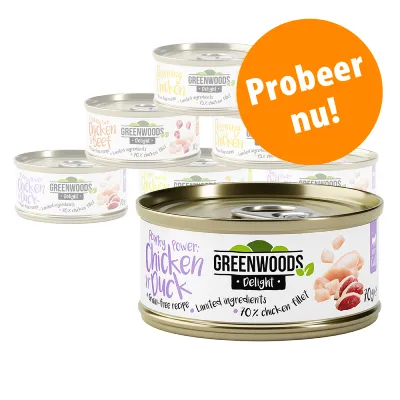 Greenwoods Delight kattenvoer blikjes, varianten zoals Chicken in Duck en Chicken & Beef. Opdruk: 'Probeer nu!' en '70% chicken fillet', 'grain-free recipe', 'limited ingredients'. Greenwoods Delight kattenvoer blikjes, varianten zoals Chicken in Duck en Chicken & Beef. Opdruk: 'Probeer nu!' en '70% chicken fillet', 'grain-free recipe', 'limited ingredients'.