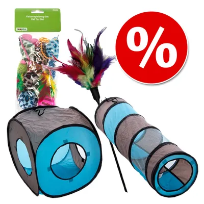 Katzenpielzeug-Set Cat Toy Set -pakkaus, monivärinen höyhenlelu, siniharmaa kissatunneli ja kuutio, punainen prosenttimerkki alennukselle